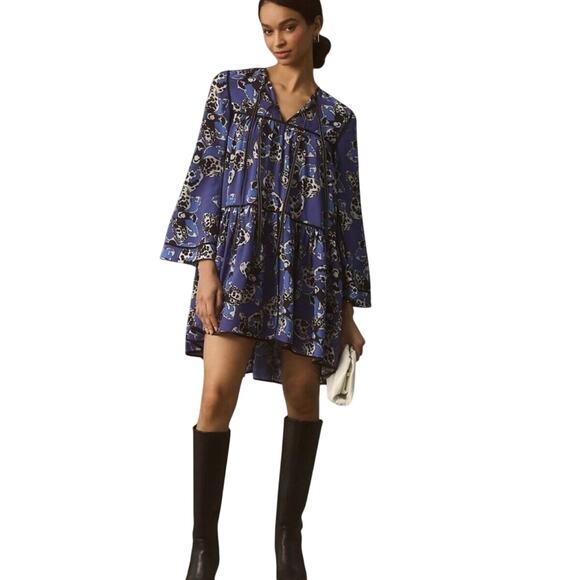 Dhruv Kapoor Long Sleeve Blue Print Babydoll Swing Mini Dress Anthropologie NWT - Picture 3 of 10